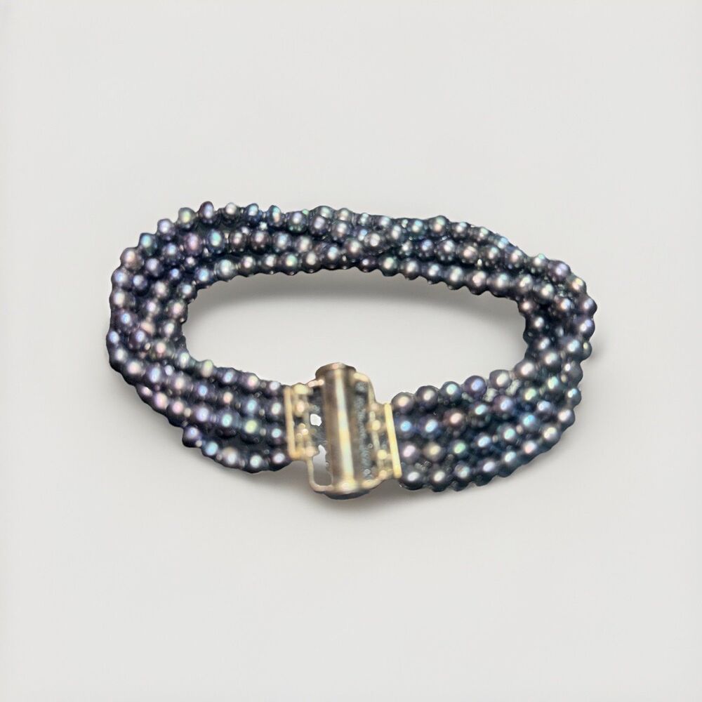 Black Freshwater Pearl Bracelet 4 Strand 7.5” Sterling Silver Clasp